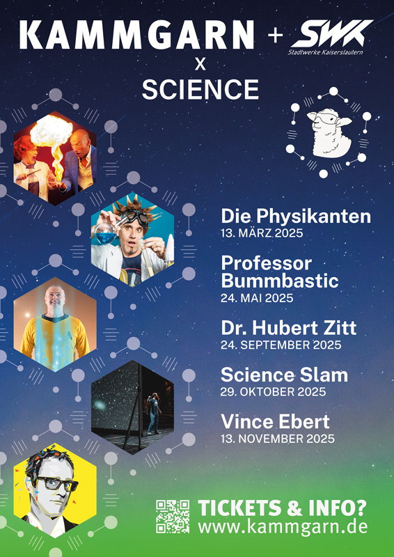 Plakat der Wissenscjaftsreihe "Kammgarn + SWK x Science" mit den Terminen der Veranstaltungen im Kulturzentrum Kammgarn. Auf dem Plakat sind die Bilder der Künstler zu sehen (Die Physikanten, Professor Bummbastic, Dr. Hubert Zitt, Science Slam, Vince Ebert)
